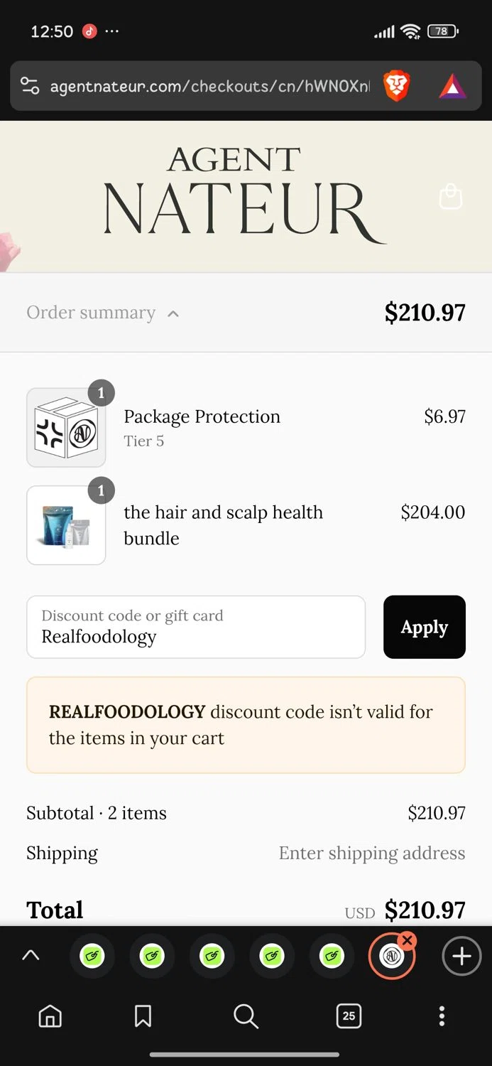 Agent Nateur discount code screenshot showing code Realfoodology applied at Agent Nateur checkout page. Uploaded by SimplyCodes community member Dejadepicharme on Jul 12, 2025