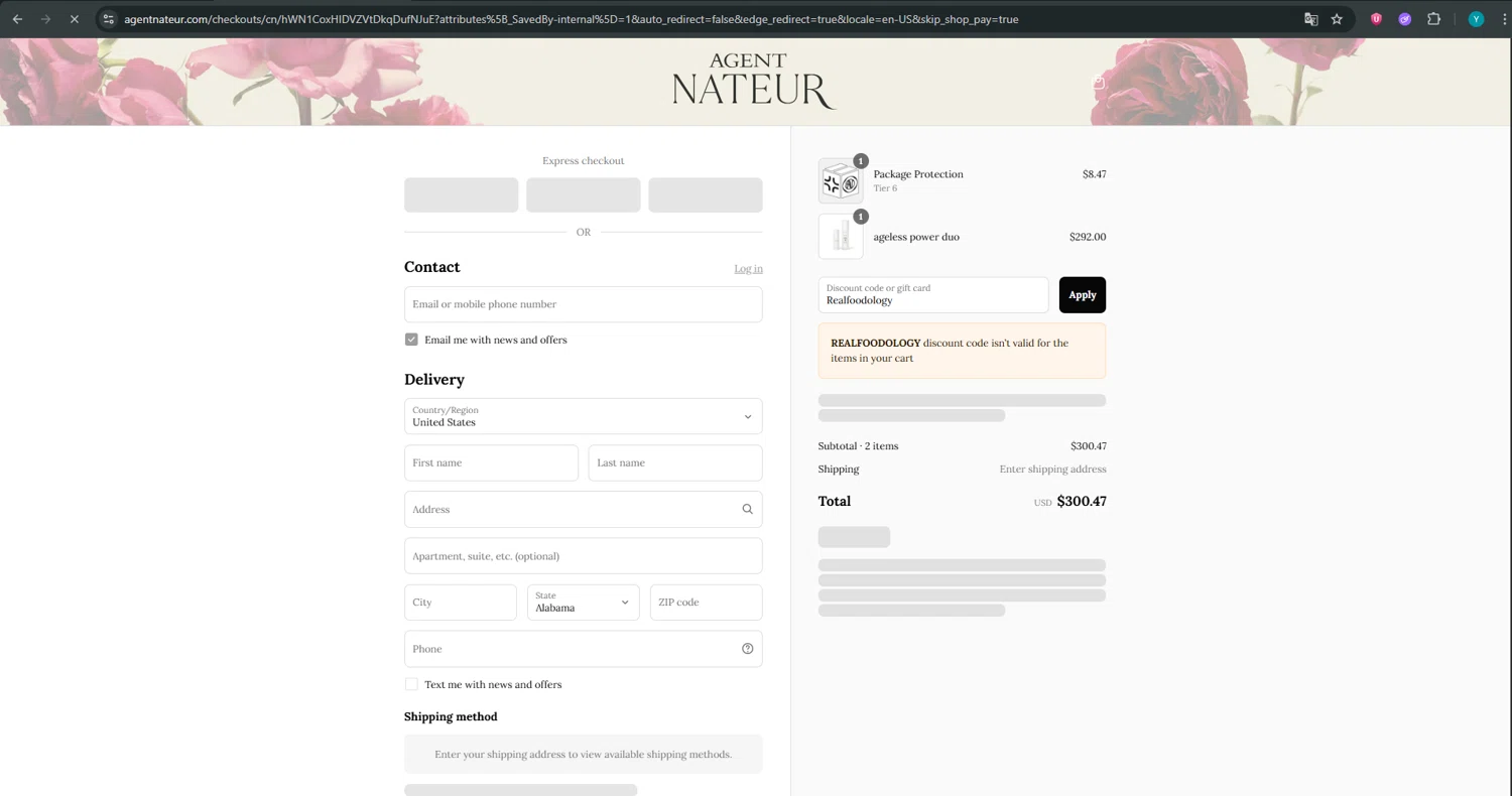 Agent Nateur discount code screenshot showing code Realfoodology applied at Agent Nateur checkout page. Uploaded by SimplyCodes community member ValueTiger695 on Jul 30, 2025