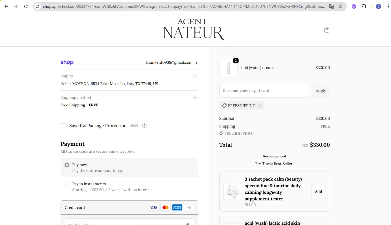 Agent Nateur checkout page showing Agent Nateur discount code box | Screenshot taken by SimplyCodes community member on Feb 20, 2026