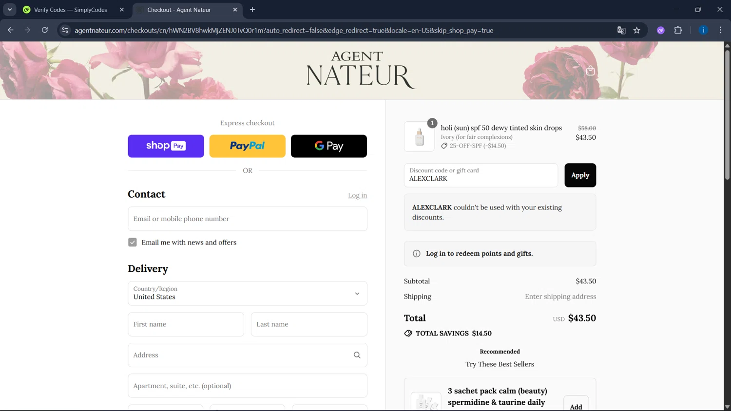 Agent Nateur discount code screenshot showing code ALEXCLARK applied at Agent Nateur checkout page. Uploaded by SimplyCodes community member CodeSaver4373 on Aug 24, 2025