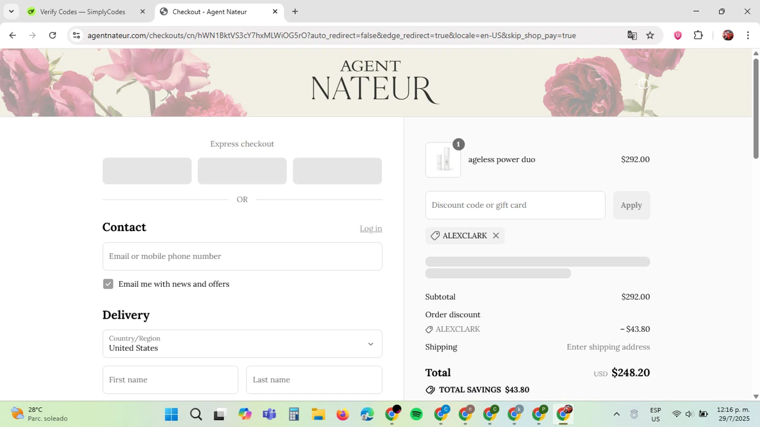 Agent Nateur discount code screenshot showing code ALEXCLARK applied at Agent Nateur checkout page. Uploaded by SimplyCodes community member GloriousDefender7889 on Jul 29, 2025