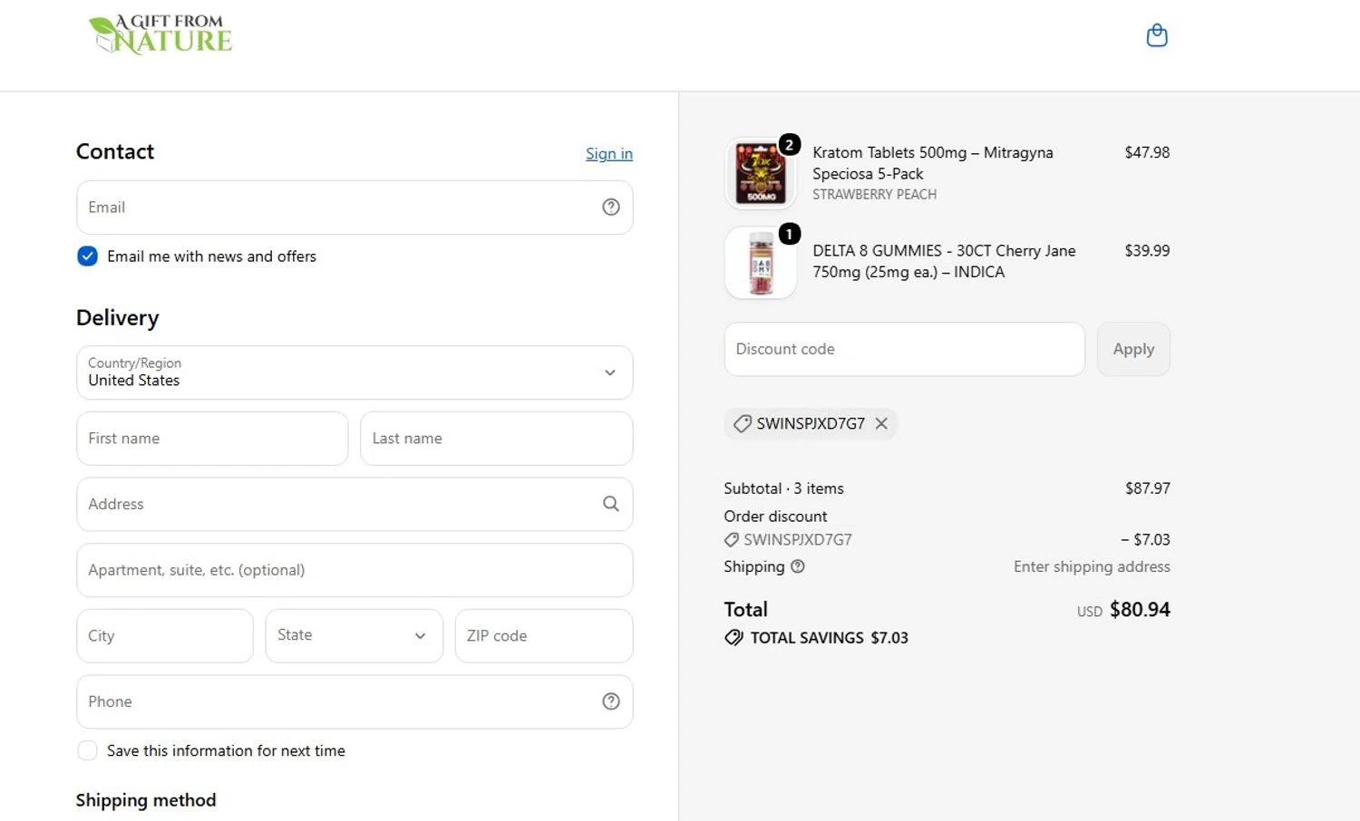 A Gift From Nature promo code screenshot showing code SWINSPJXD7G7 applied at A Gift From Nature checkout page. Uploaded by SimplyCodes community member angelfigueroa2008 on Jun 24, 2026