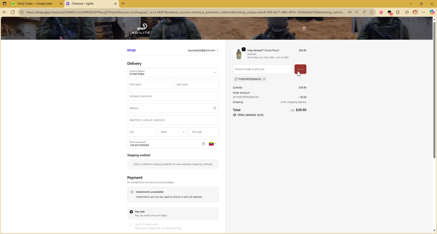 Agilite discount code screenshot showing code FIVEFORFEEDBACK2 applied at Agilite checkout page. Uploaded by SimplyCodes community member CleverAce742 on Oct 1, 2025