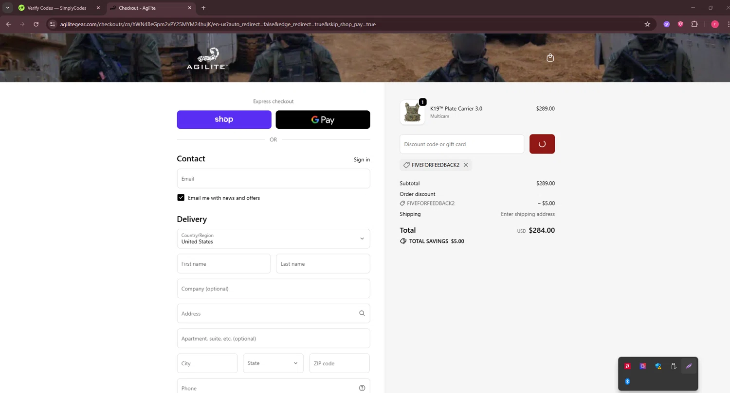 Agilite discount code screenshot showing code FIVEFORFEEDBACK2 applied at Agilite checkout page. Uploaded by SimplyCodes community member CouponSage7331 on Oct 16, 2025