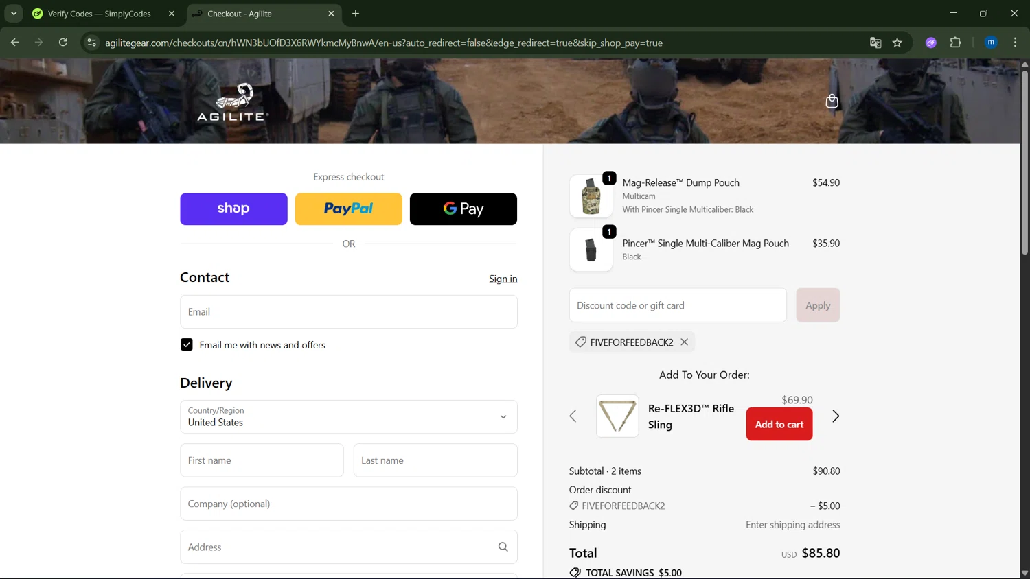 Agilite discount code screenshot showing code FIVEFORFEEDBACK2 applied at Agilite checkout page. Uploaded by SimplyCodes community member GloriousSpotter8024 on Oct 1, 2025
