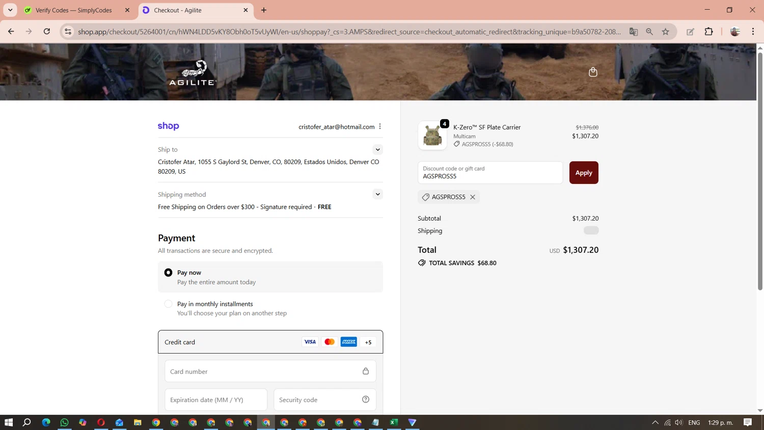 Agilite discount code screenshot showing code AGSPROSS5 applied at Agilite checkout page. Uploaded by SimplyCodes community member MariAPB on Oct 20, 2025