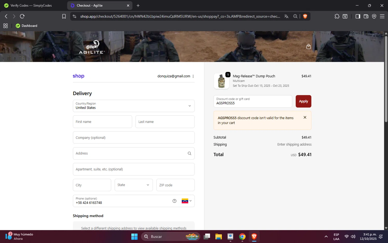 Agilite discount code screenshot showing code AGSPROSS5 applied at Agilite checkout page. Uploaded by SimplyCodes community member MonkyDLuffy on Oct 12, 2025
