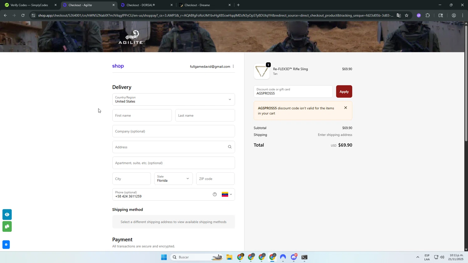 Agilite discount code screenshot showing code AGSPROSS5 applied at Agilite checkout page. Uploaded by SimplyCodes community member yapaguelos20lucas on Nov 22, 2025