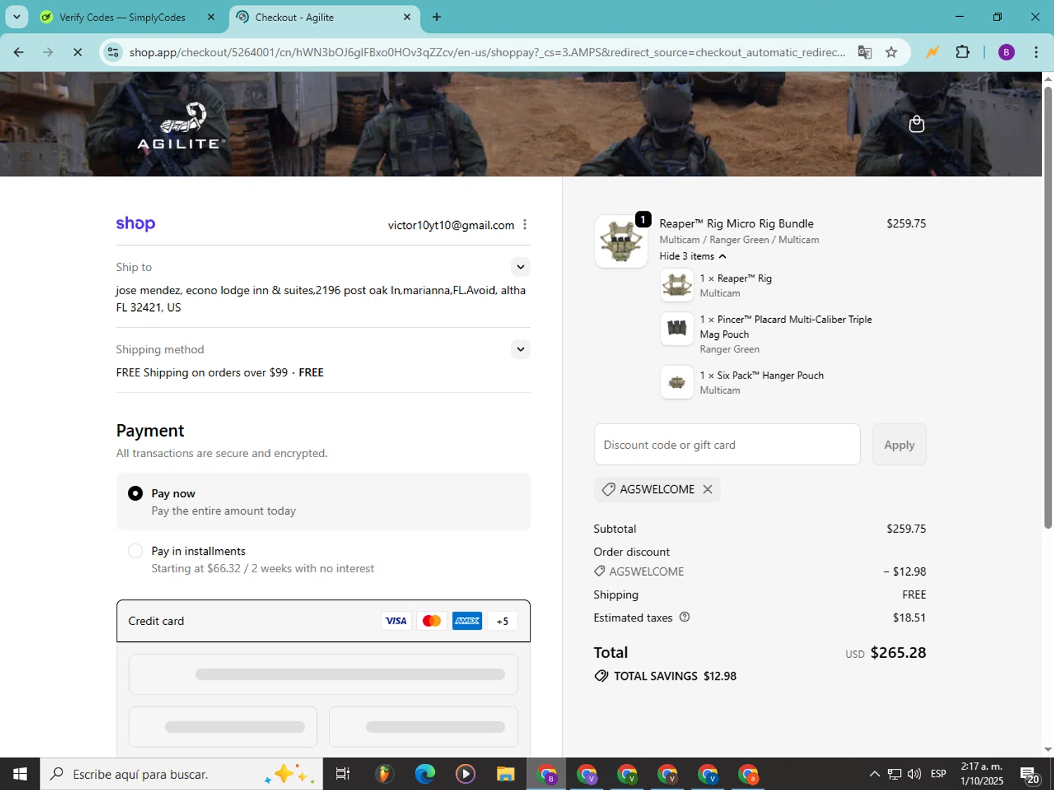 Agilite discount code screenshot showing code AG5WELCOME applied at Agilite checkout page. Uploaded by SimplyCodes community member Soyvictor on Oct 1, 2025