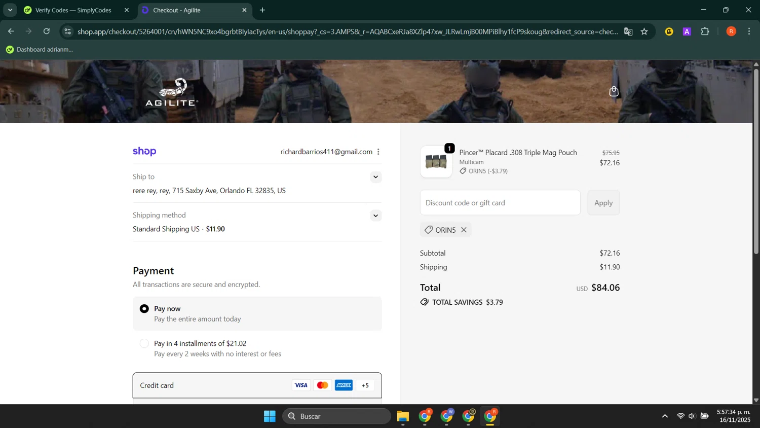 Agilite discount code screenshot showing code ORIN5 applied at Agilite checkout page. Uploaded by SimplyCodes community member LuckyShopper9694 on Nov 16, 2025