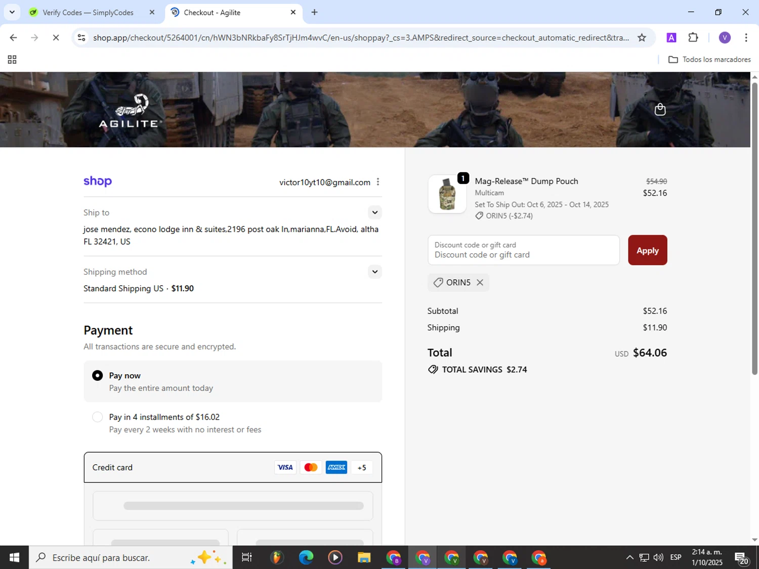 Agilite discount code screenshot showing code ORIN5 applied at Agilite checkout page. Uploaded by SimplyCodes community member Satoru_gojo on Oct 1, 2025