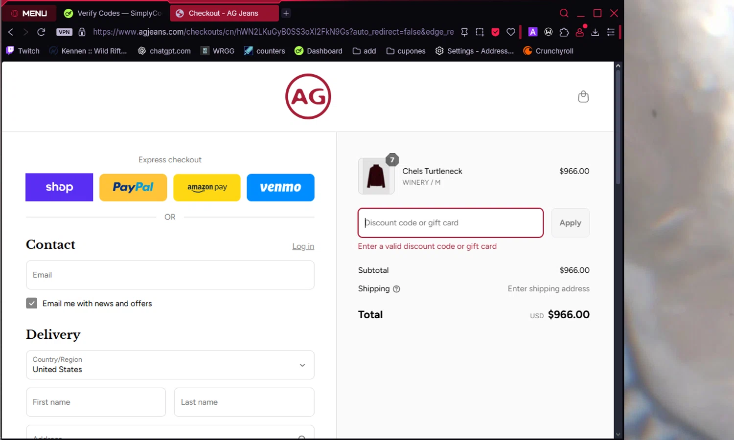 AG Jeans discount code screenshot showing code FF25 applied at AG Jeans checkout page. Uploaded by SimplyCodes community member Chukaflu on Aug 29, 2025