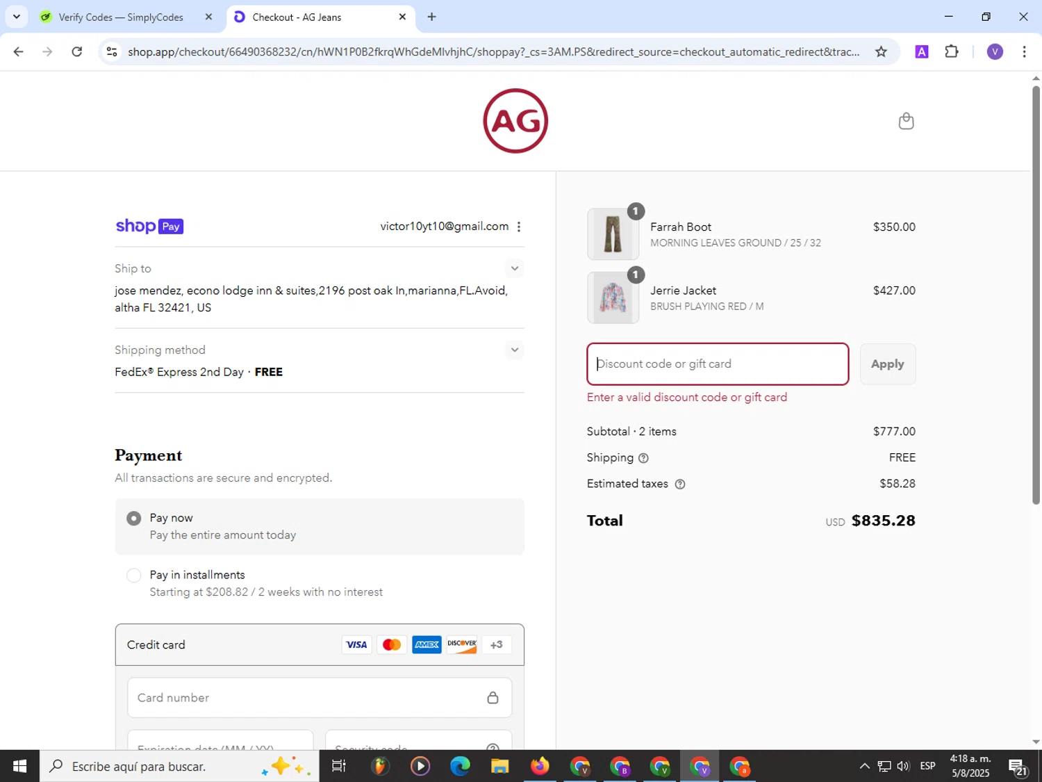 AG Jeans discount code screenshot showing code FF25 applied at AG Jeans checkout page. Uploaded by SimplyCodes community member Satoru_gojo on Aug 5, 2025
