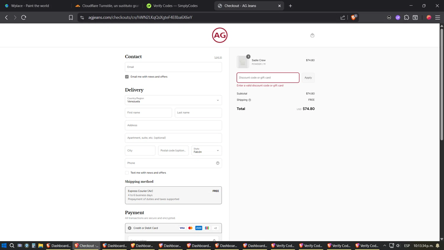 AG Jeans discount code screenshot showing code FRIENDSANDFAMILYSALE applied at AG Jeans checkout page. Uploaded by SimplyCodes community member verifier_983798000 on Aug 29, 2025