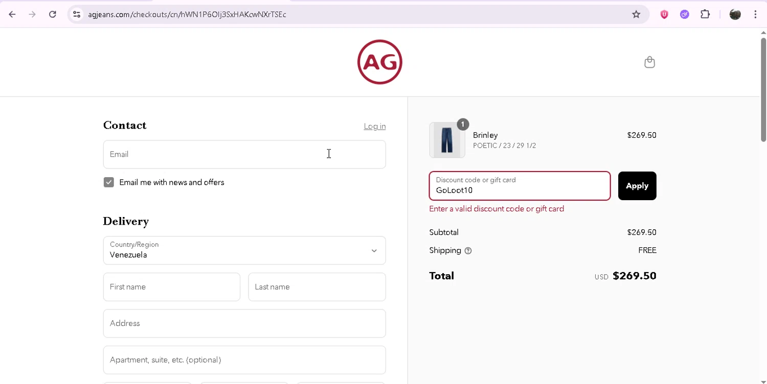 AG Jeans discount code screenshot showing code GoLoot10 applied at AG Jeans checkout page. Uploaded by SimplyCodes community member JASTIFY on Aug 4, 2025