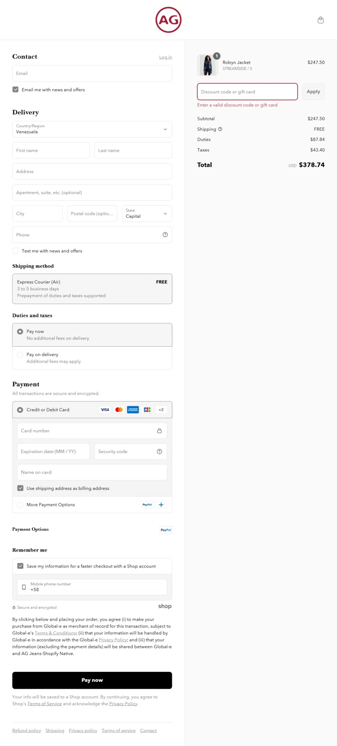 AG Jeans discount code screenshot showing code GoLoot10 applied at AG Jeans checkout page. Uploaded by SimplyCodes community member Rossimar on Aug 4, 2025
