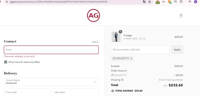 AG Jeans checkout page showing AG Jeans discount code box | Screenshot taken by SimplyCodes community member on Aug 8, 2024