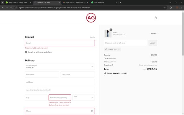 AG Jeans checkout page showing AG Jeans discount code box | Screenshot taken by SimplyCodes community member on Aug 8, 2024