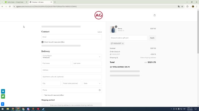 AG Jeans checkout page showing AG Jeans discount code box | Screenshot taken by SimplyCodes community member on Feb 19, 2025