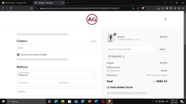 AG Jeans checkout page showing AG Jeans discount code box | Screenshot taken by SimplyCodes community member on Feb 26, 2025