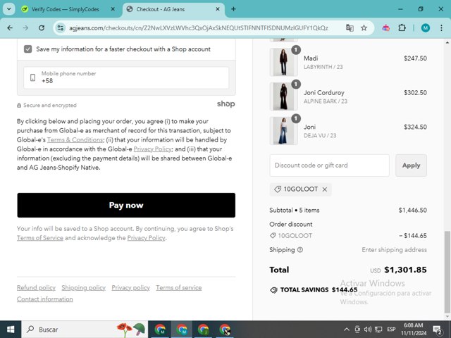 AG Jeans checkout page showing AG Jeans discount code box | Screenshot taken by SimplyCodes community member on Nov 11, 2024