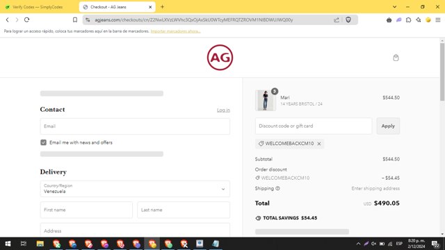 AG Jeans checkout page showing AG Jeans discount code box | Screenshot taken by SimplyCodes community member on Dec 3, 2024