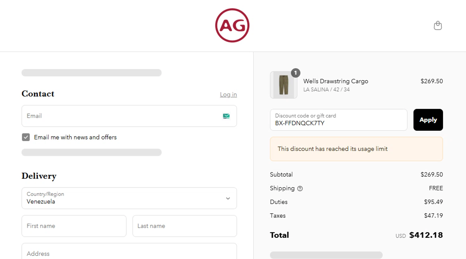 AG Jeans discount code screenshot showing code BX-FFDNQCK7TY applied at AG Jeans checkout page. Uploaded by SimplyCodes community member Juanls04 on Aug 3, 2025
