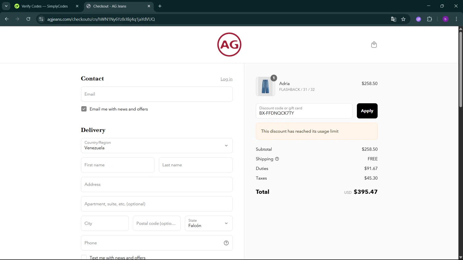 AG Jeans discount code screenshot showing code BX-FFDNQCK7TY applied at AG Jeans checkout page. Uploaded by SimplyCodes community member RoyalSleuth2430 on Aug 3, 2025