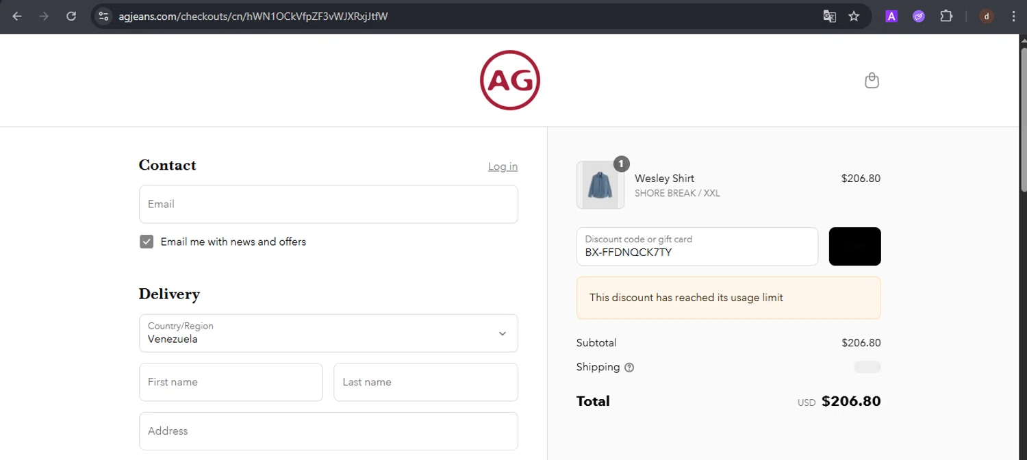 AG Jeans discount code screenshot showing code BX-FFDNQCK7TY applied at AG Jeans checkout page. Uploaded by SimplyCodes community member VoucherSpotter9376 on Aug 3, 2025