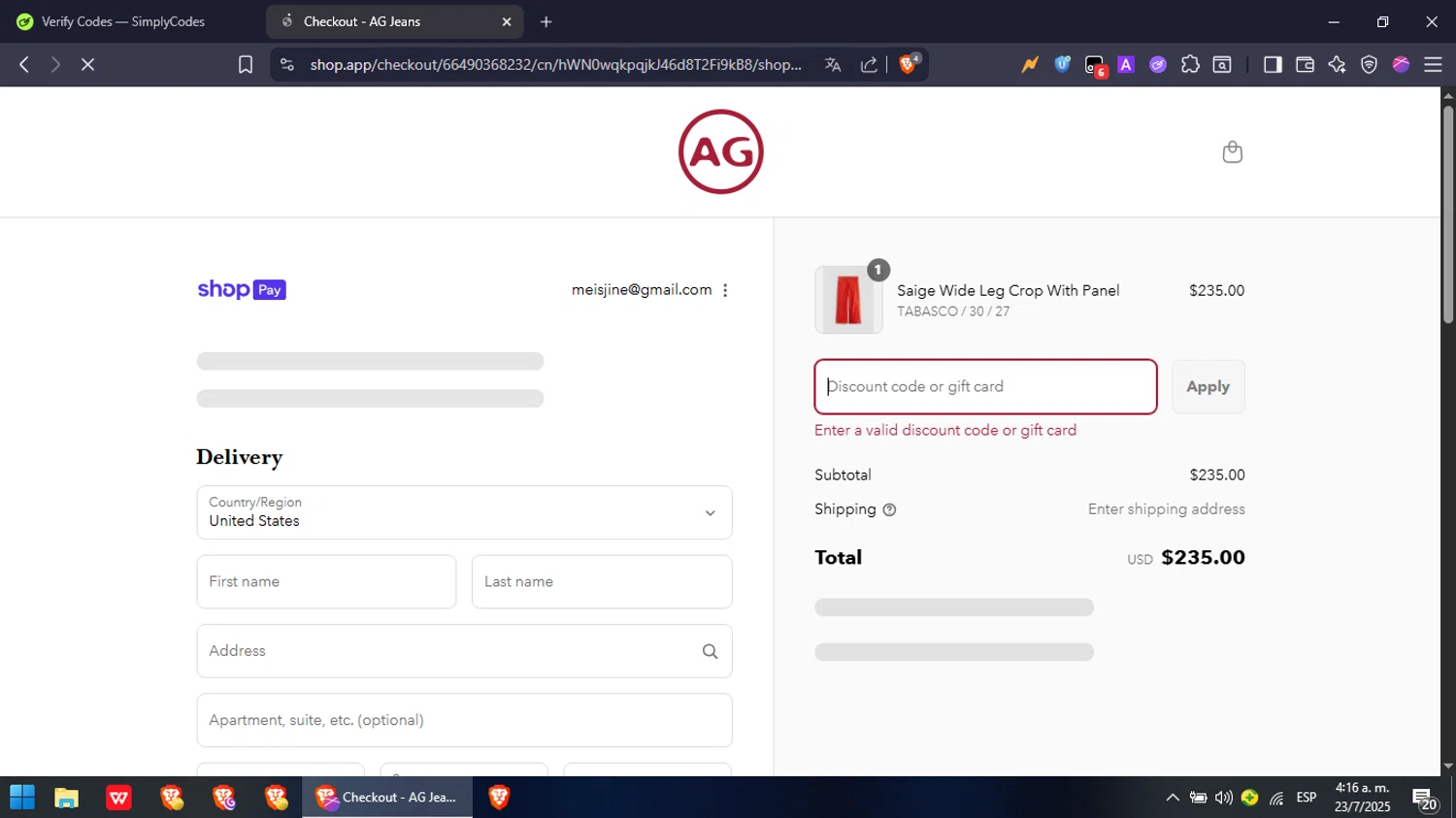 AG Jeans discount code screenshot showing code ABIGAILW15 applied at AG Jeans checkout page. Uploaded by SimplyCodes community member NobleFox488 on Jul 23, 2025