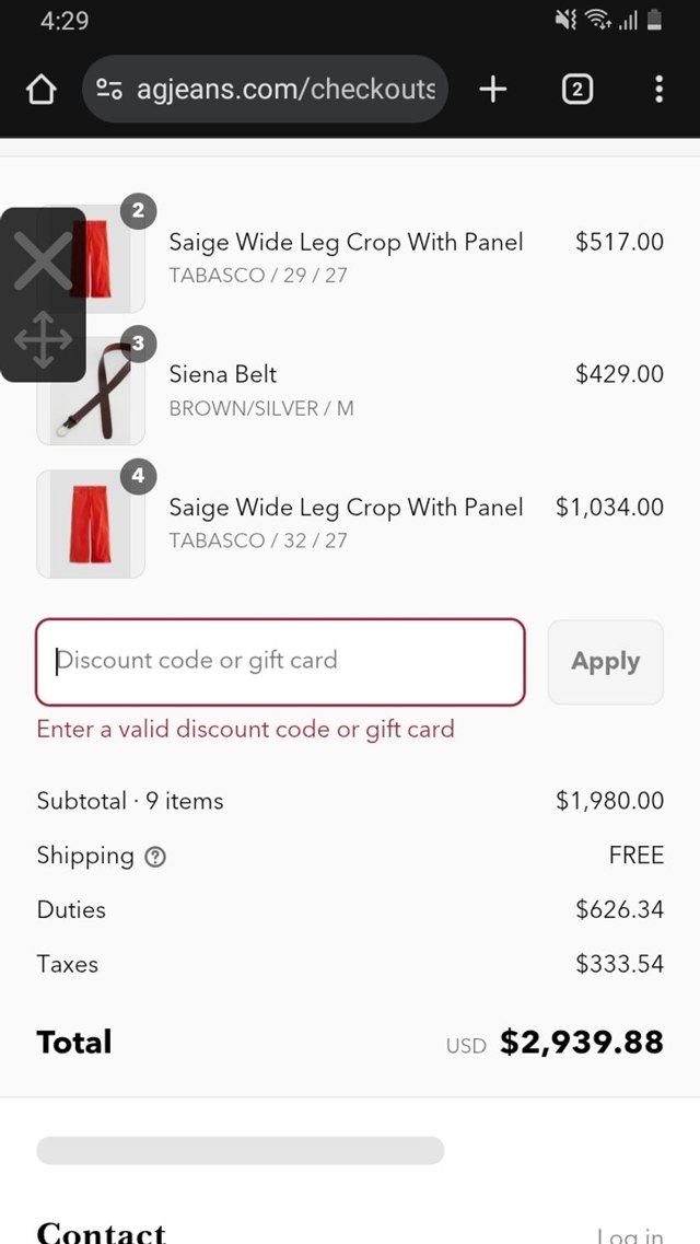 AG Jeans checkout page showing AG Jeans discount code box | Screenshot taken by SimplyCodes community member on Jul 23, 2025