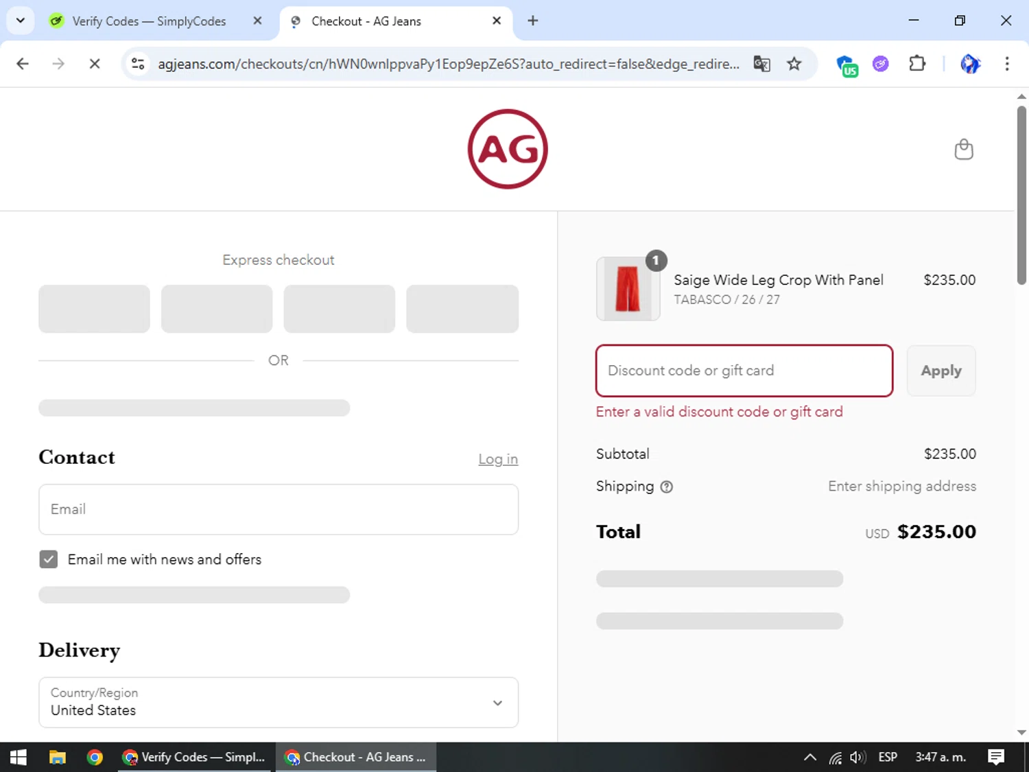 AG Jeans discount code screenshot showing code ABIGAILW15 applied at AG Jeans checkout page. Uploaded by SimplyCodes community member WiseHunter8213 on Jul 23, 2025