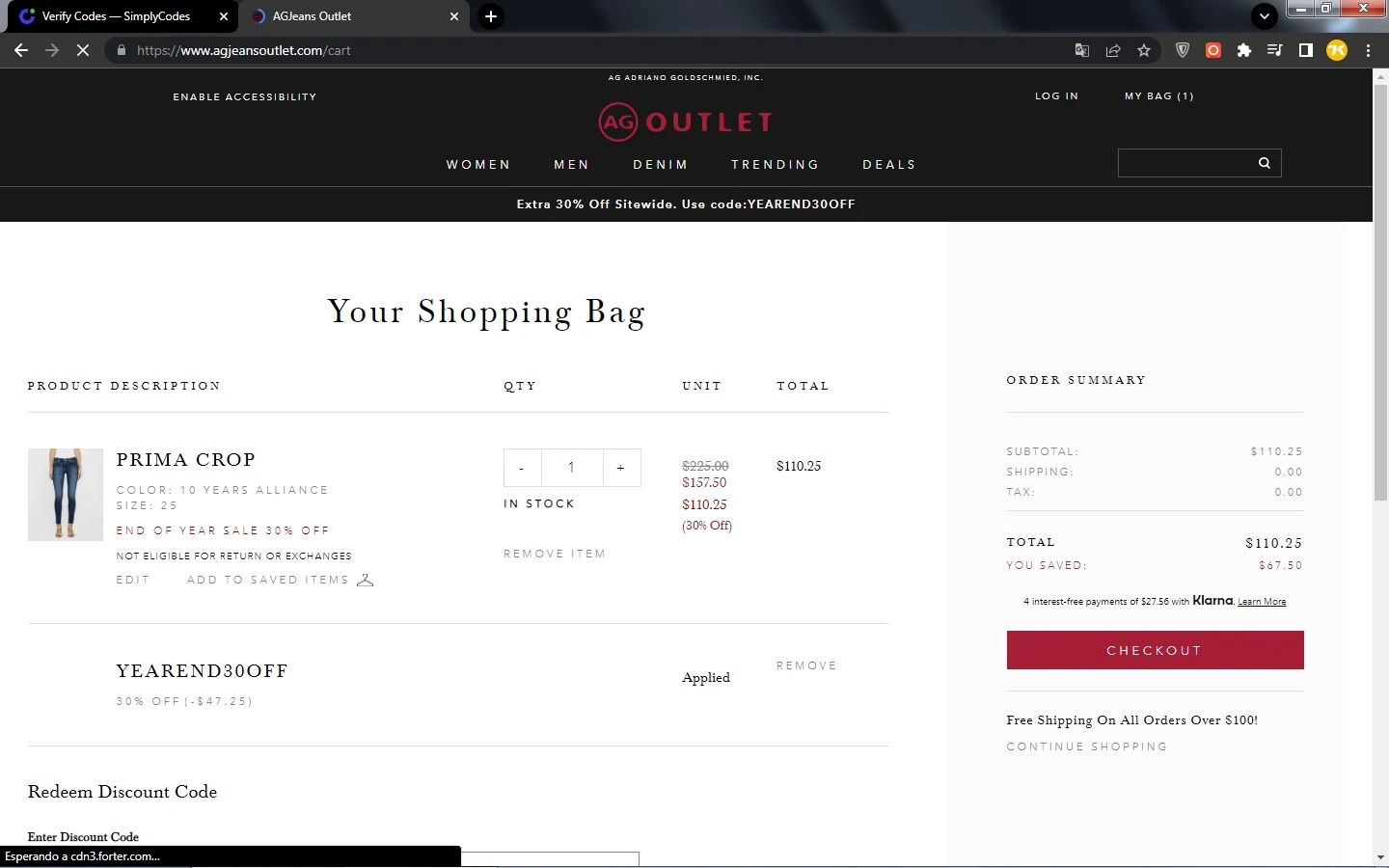 AG Jeans Outlet checkout page showing AG Jeans Outlet coupon code box | Screenshot taken by SimplyCodes community member on Dec 19, 2022