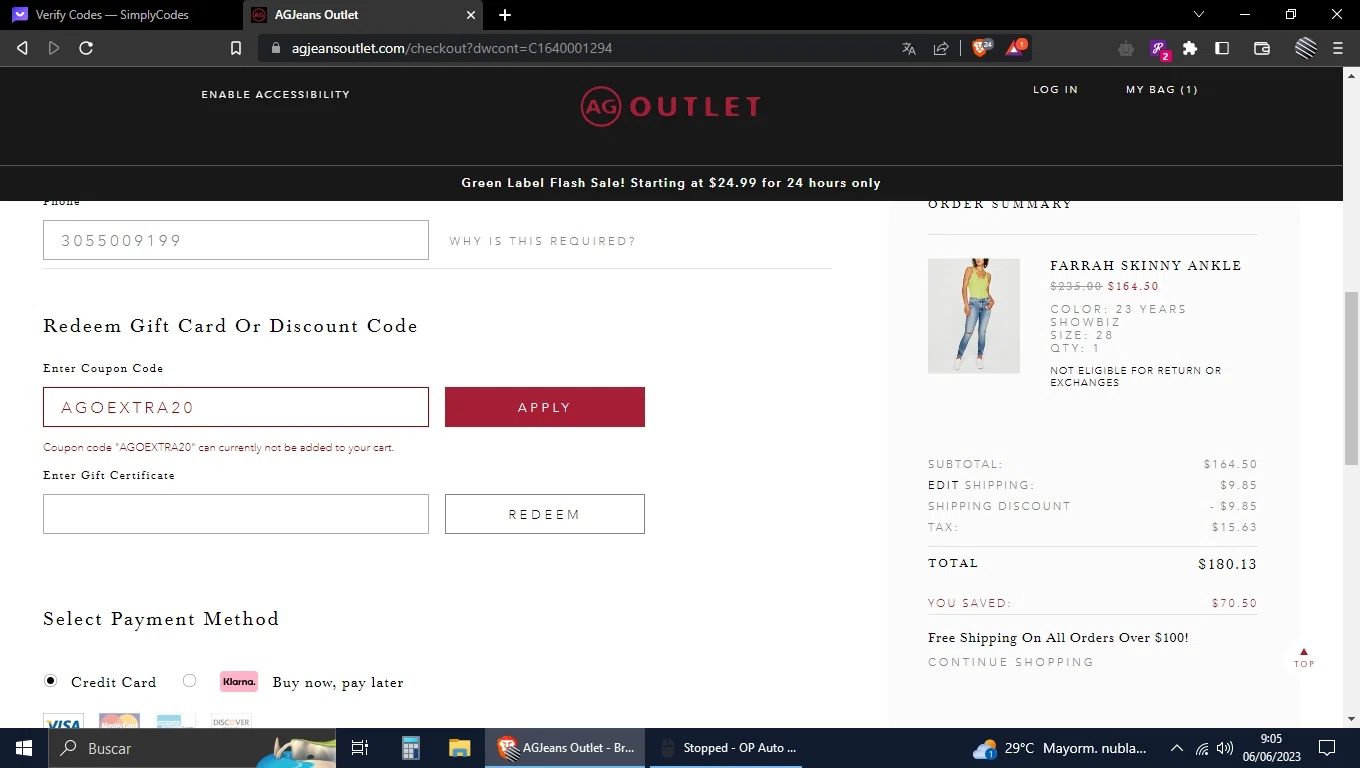 AG Jeans Outlet checkout page showing AG Jeans Outlet coupon code box | Screenshot taken by SimplyCodes community member on Jun 6, 2023