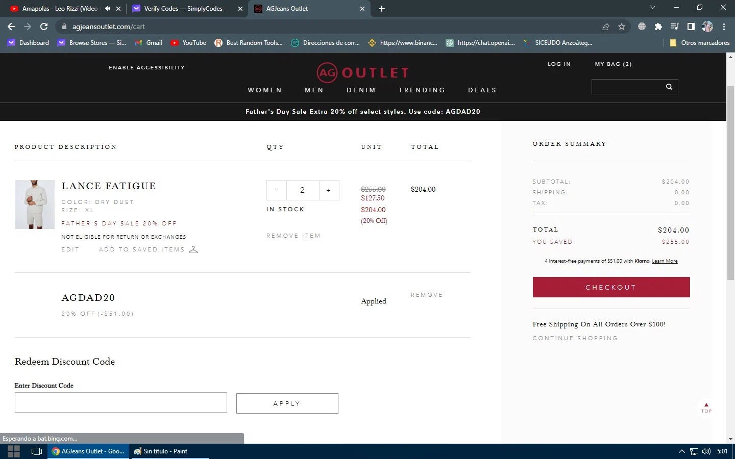 AG Jeans Outlet checkout page showing AG Jeans Outlet coupon code box | Screenshot taken by SimplyCodes community member on Jun 9, 2023