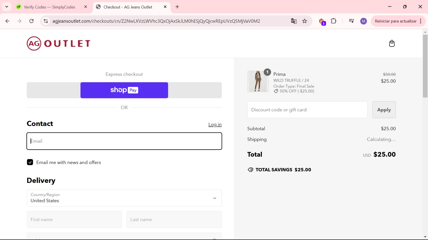 AG Jeans Outlet checkout page showing AG Jeans Outlet coupon code box | Screenshot taken by SimplyCodes community member on Nov 1, 2024