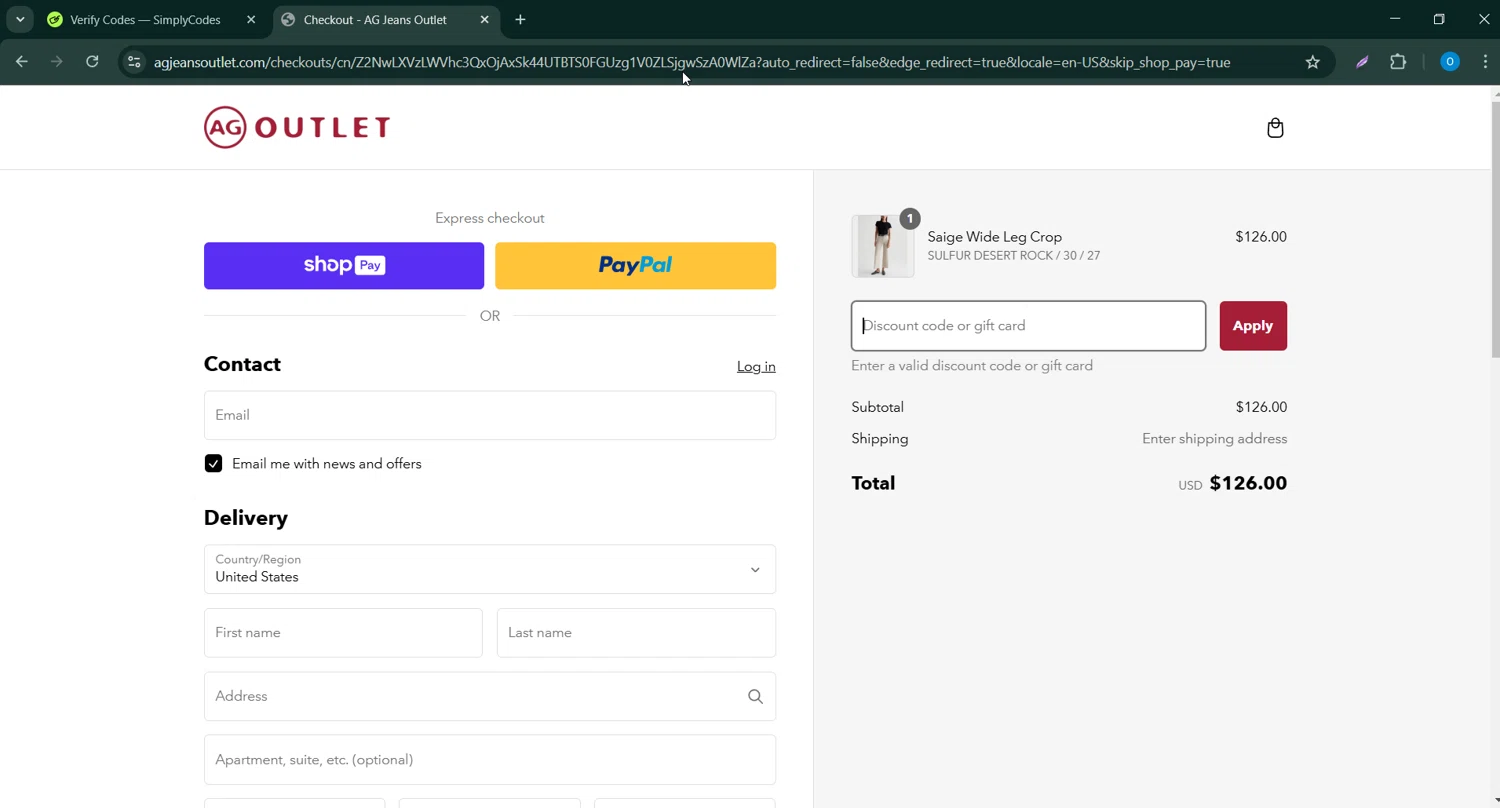 AG Jeans Outlet coupon code screenshot showing code EXTRA15 applied at AG Jeans Outlet checkout page. Uploaded by SimplyCodes community member GoldChaser6627 on Mar 1, 2025