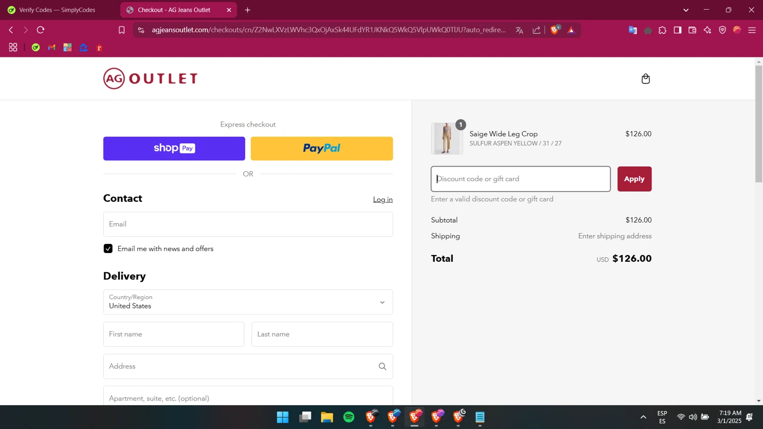 AG Jeans Outlet coupon code screenshot showing code EXTRA15 applied at AG Jeans Outlet checkout page. Uploaded by SimplyCodes community member itsmemario on Mar 1, 2025