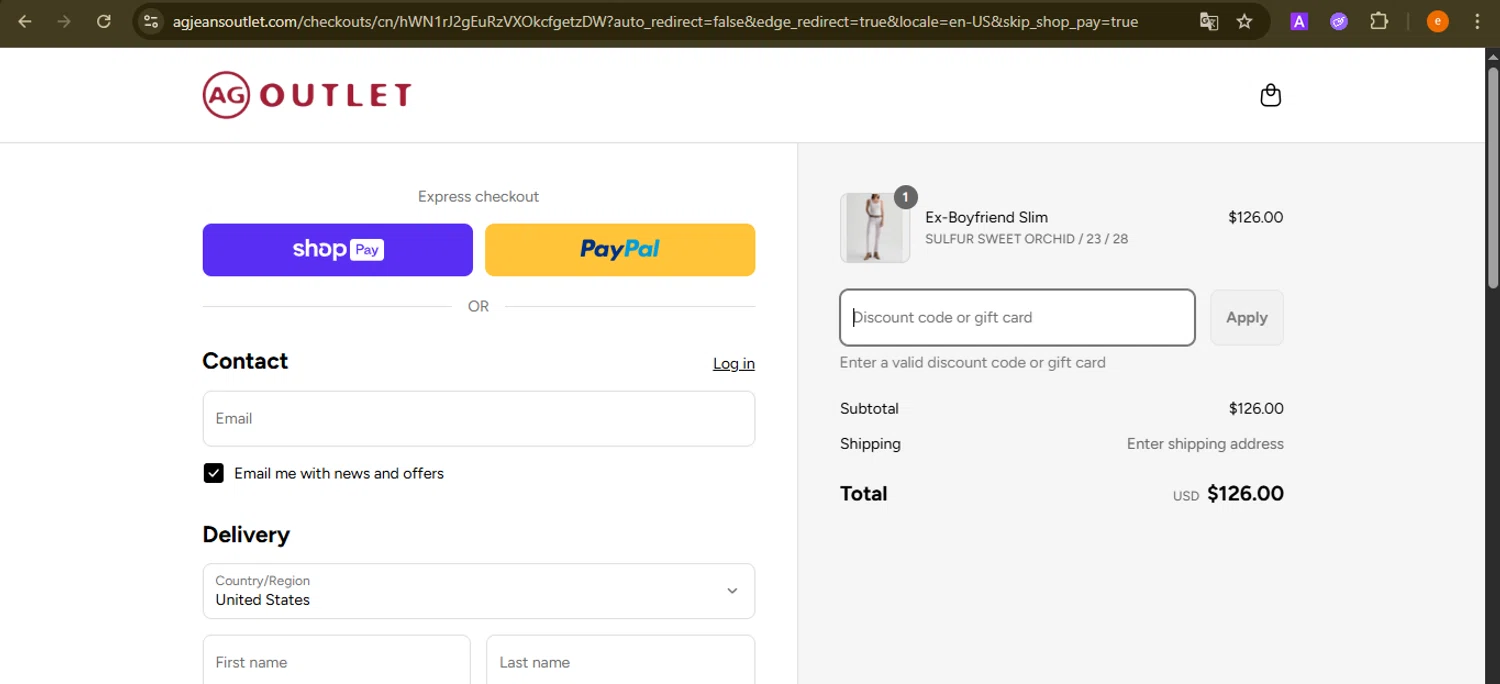 AG Jeans Outlet coupon code screenshot showing code BMSM applied at AG Jeans Outlet checkout page. Uploaded by SimplyCodes community member NobleElite1598 on Aug 16, 2025