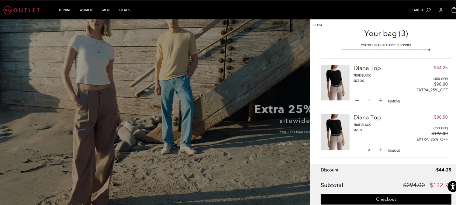 AG Jeans Outlet coupon code screenshot showing code EXTRA_25%_OFF applied at AG Jeans Outlet checkout page. Uploaded by SimplyCodes community member Danielalejandro on Aug 3, 2025