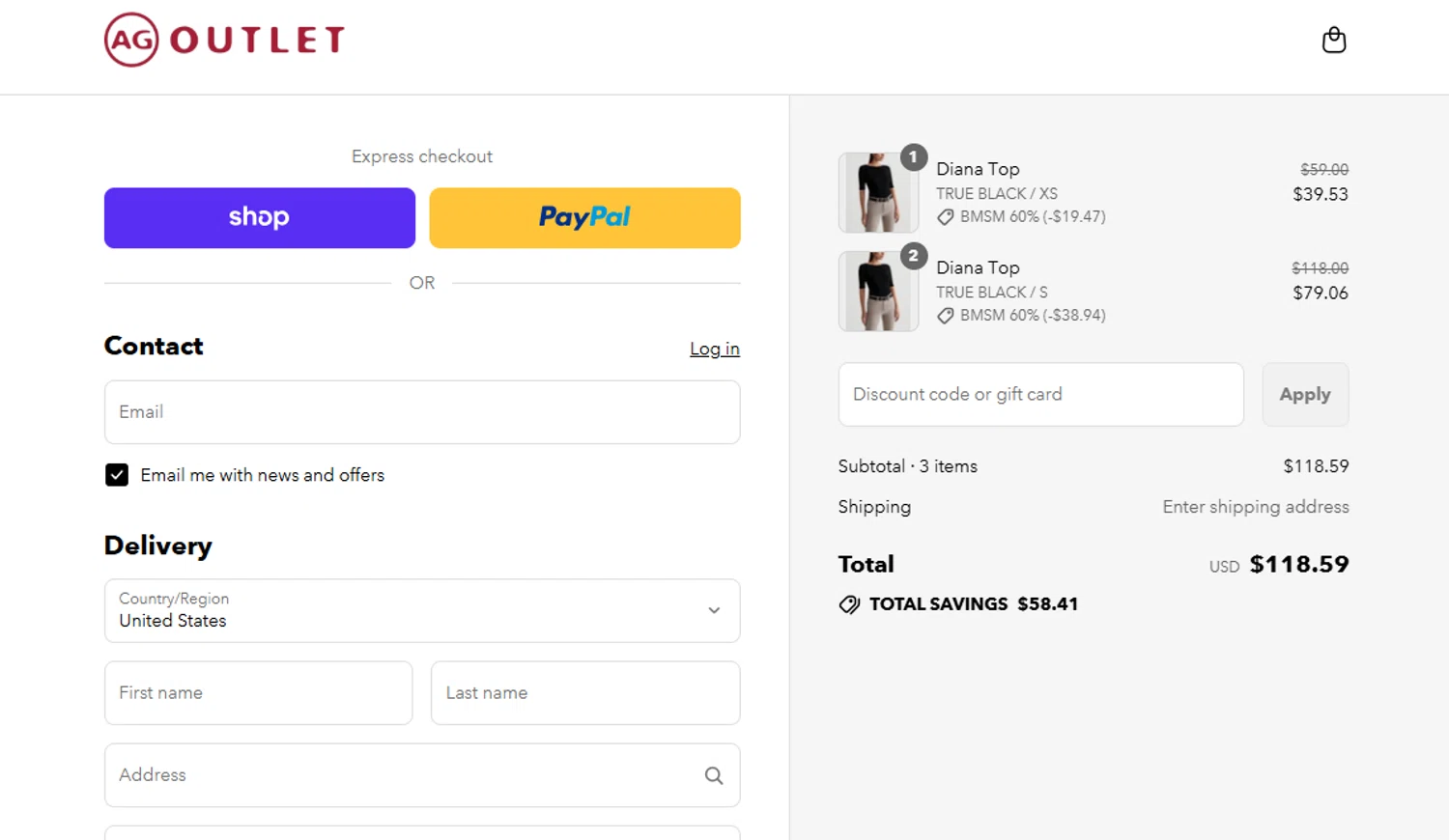 AG Jeans Outlet coupon code screenshot showing code BMSM applied at AG Jeans Outlet checkout page. Uploaded by SimplyCodes community member valeriaantonieta on Aug 14, 2025