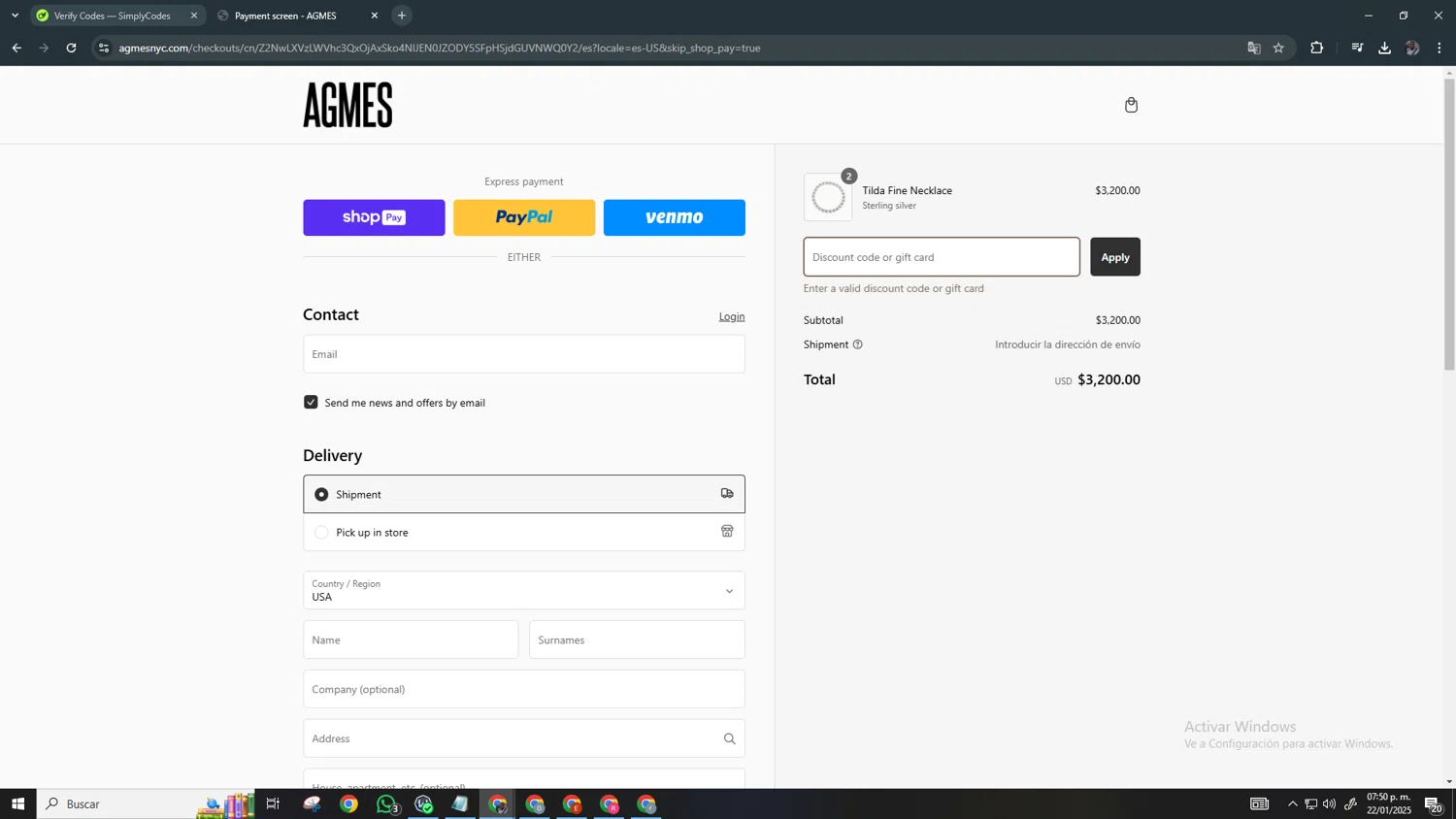 Agmes discount code screenshot showing code W10-JMIGUEL-1-6-25 applied at Agmes checkout page. Uploaded by SimplyCodes community member Chamber on Jan 22, 2025
