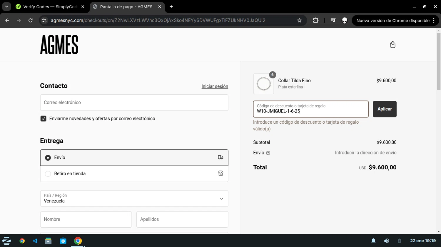 Agmes discount code screenshot showing code W10-JMIGUEL-1-6-25 applied at Agmes checkout page. Uploaded by SimplyCodes community member DealOwl9228 on Jan 22, 2025
