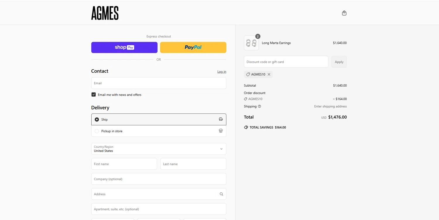 Agmes discount code screenshot showing code AGMES10 applied at Agmes checkout page. Uploaded by SimplyCodes community member suppahdealz on Apr 14, 2025