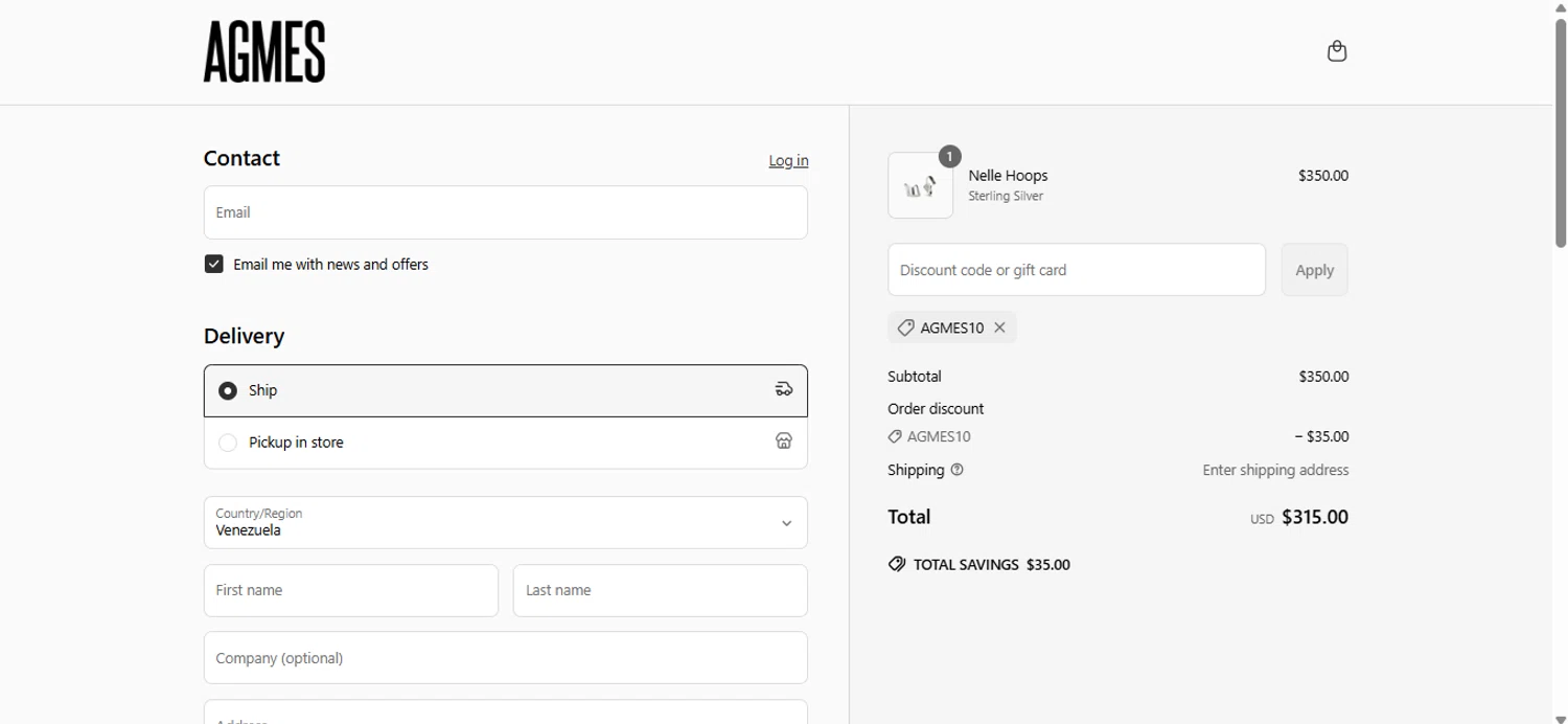 Agmes discount code screenshot showing code AGMES10 applied at Agmes checkout page. Uploaded by SimplyCodes community member anosesmith on Apr 14, 2025
