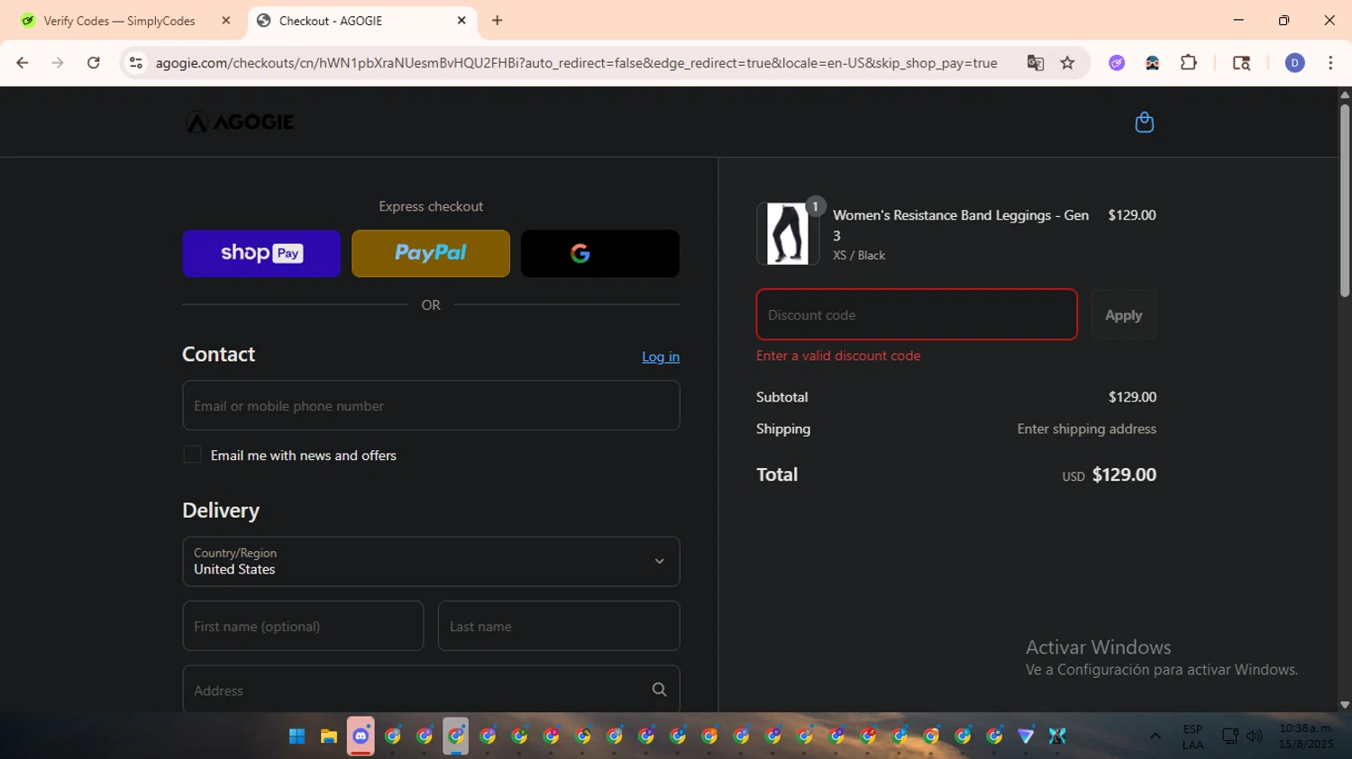 Agogie promo code screenshot showing code WELCOME10 applied at Agogie checkout page. Uploaded by SimplyCodes community member RewardOwl5959 on Aug 15, 2025
