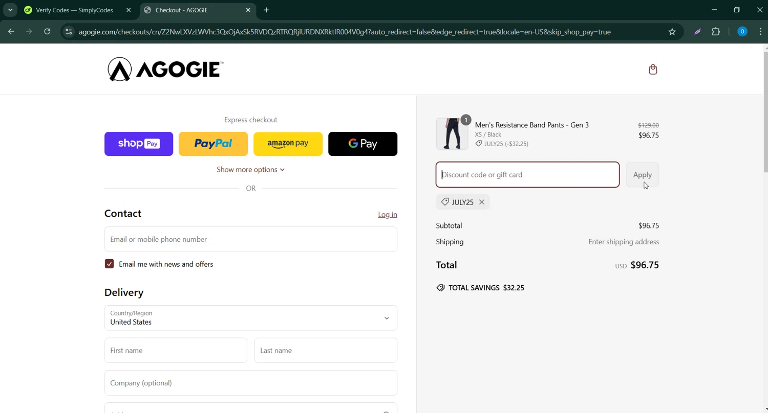 Agogie promo code screenshot showing code July25 applied at Agogie checkout page. Uploaded by SimplyCodes community member _____________ on Mar 7, 2025
