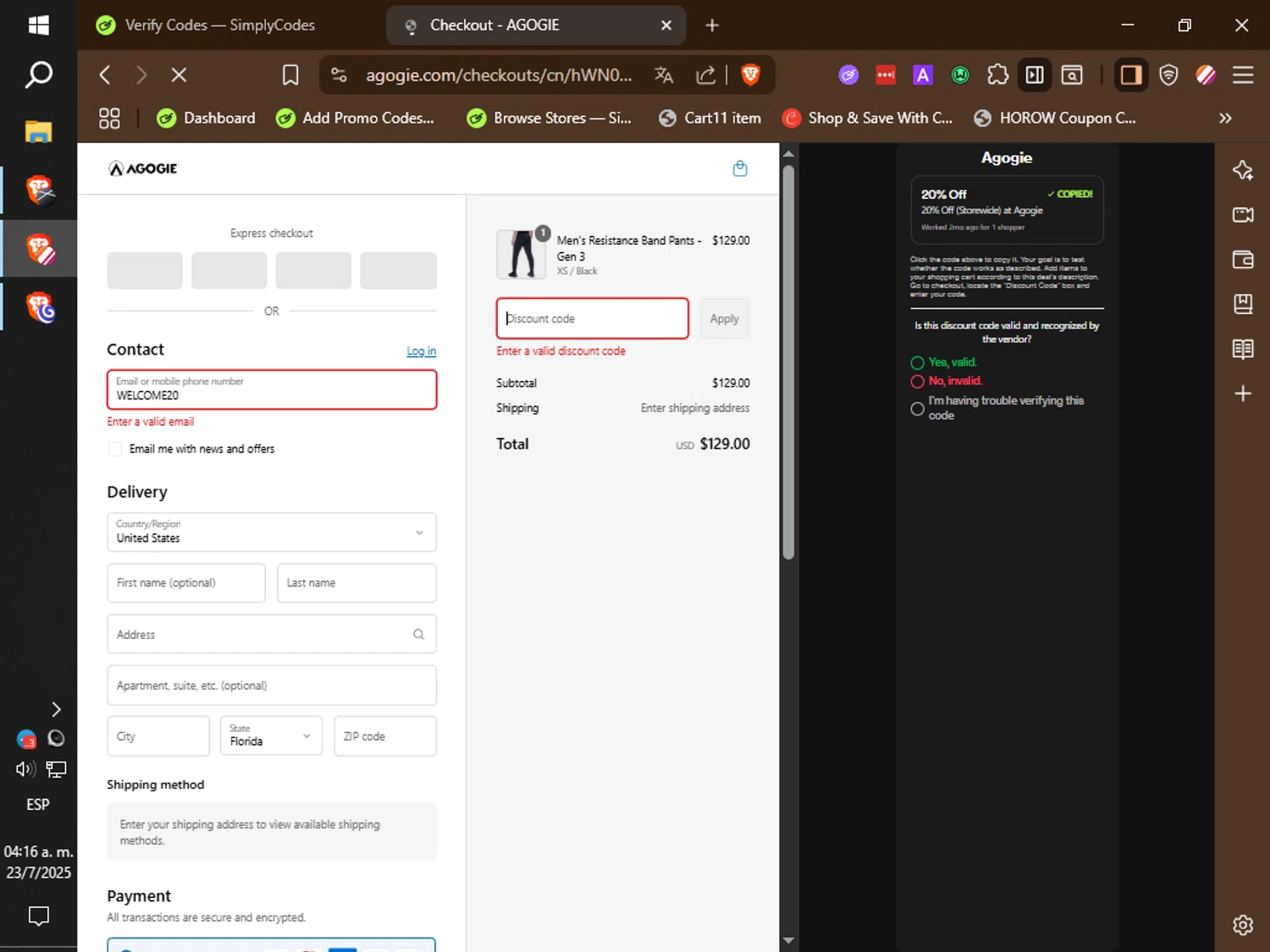 Agogie promo code screenshot showing code WELCOME20 applied at Agogie checkout page. Uploaded by SimplyCodes community member ilarrazaM3 on Jul 23, 2025