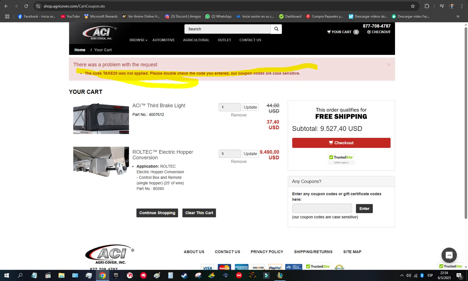 Agri-Cover coupon code screenshot showing code TAKE20 applied at Agri-Cover checkout page. Uploaded by SimplyCodes community member elfolibre on Mar 7, 2025