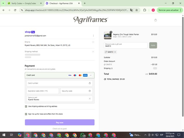 Agriframes US checkout page showing Agriframes US promo code box | Screenshot taken by SimplyCodes community member on Apr 20, 2025